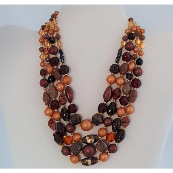 Vintage Japan Multi Strand Mix Bead Collar Necklace 15" Glass Brown Gold Estate - Picture 4 of 12